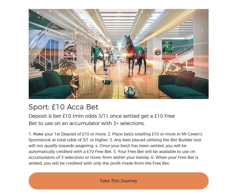 Mr Green £10 Acca Bet Banner showing terms and conditions