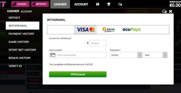 2kBet Withdrawal Options Screenshot