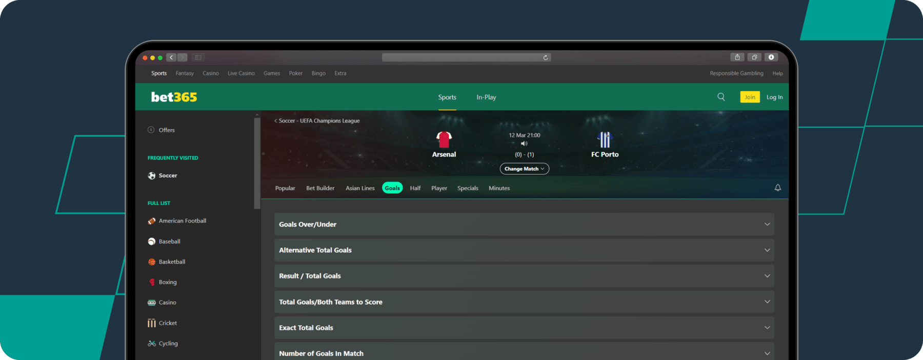 screenshot of bet365 multi goal betting page