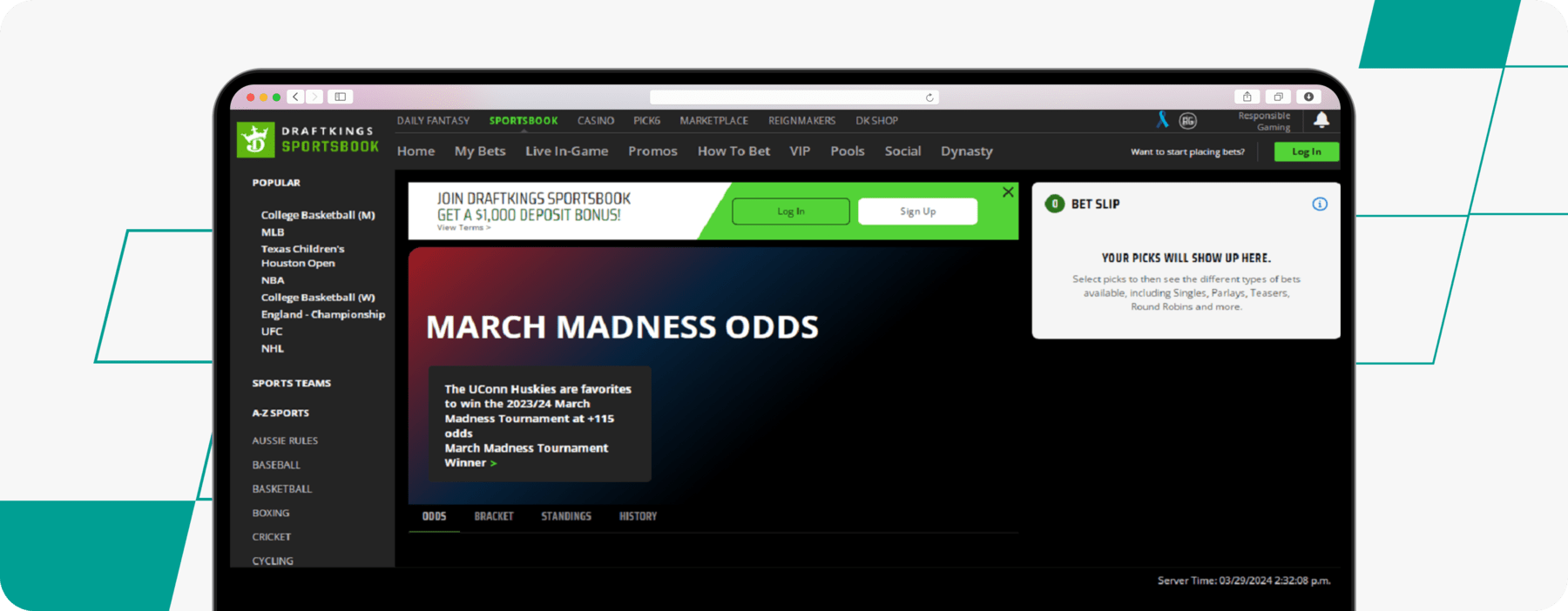 Draftkings homepage screenshot desktop